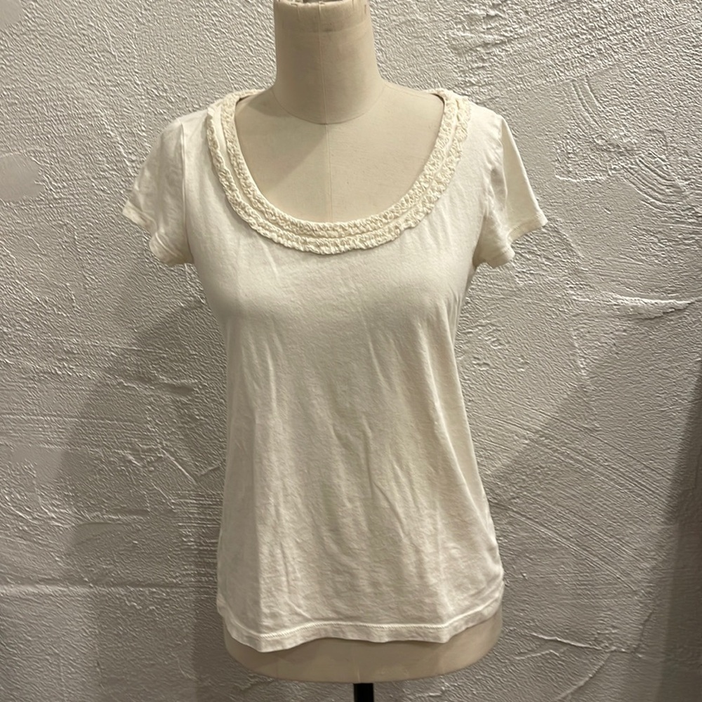 Ann Taylor LOFT cap sleeve tee with ruffle neck detail.